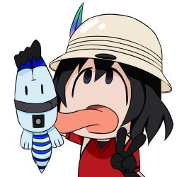 Rule 34 | 10s, 1girl, black gloves, black hair, gloves, hat, hat feather, kaban (kemono friends), kemono friends, lowres, lucky beast (kemono friends), open mouth, safari hat, simple background, tongue, white background