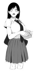 Rule 34 | 1girl, :o, absurdres, bag, book, breast pocket, breasts, collared shirt, cropped legs, fingernails, greyscale, highres, holding, holding book, large breasts, looking at viewer, monochrome, necktie, open book, open mouth, original, pleated skirt, pocket, school bag, school uniform, shirt, shoulder bag, simple background, skirt, solo, standing, vice (kuronekohadokoheiku), white background, wide-eyed, wing collar
