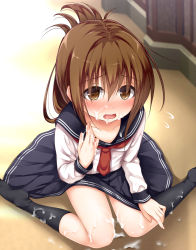 Rule 34 | 10s, 1girl, blush, brown eyes, brown hair, chocolate, collarbone, cum, cum in mouth, cum on body, cum on clothes, cum on lower body, facial, folded ponytail, haryuu (poetto), highres, inazuma (kancolle), kantai collection, kneehighs, long hair, school uniform, serafuku, sitting, skirt, socks, solo, white chocolate