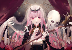 Rule 34 | 1girl, black cape, bracer, breasts, cape, cleavage, cleavage cutout, clothing cutout, finger to mouth, hair behind ear, halo, head tilt, highres, hololive, hololive english, large breasts, long hair, looking at viewer, mori calliope, mori calliope (1st costume), official art, open mouth, pink eyes, pink hair, see-through, see-through sleeves, single sleeve, skeleton, smile, solo, spikes, straight-on, tiara, veil, virtual youtuber, yukisame
