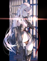 Rule 34 | 1girl, 9a-91, 9a-91 (girls&#039; frontline), absurdres, assault rifle, babydoll, bare shoulders, black babydoll, black panties, black thighhighs, blue eyes, blush, breasts, cowboy shot, girls&#039; frontline, gloves, gun, hair between eyes, hair ornament, hand on own cheek, hand on own face, highres, holding, holding gun, holding weapon, lace, lace-trimmed legwear, lace trim, long hair, looking at viewer, low twintails, medium breasts, navel, o-ring, panties, parted lips, pottsness, rifle, see-through, side-tie panties, sidelocks, silver hair, solo, star (symbol), stomach, thighhighs, trigger discipline, twintails, underwear, weapon