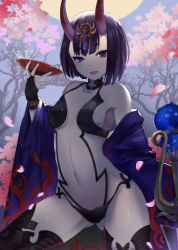 Rule 34 | 1girl, absurdres, bare shoulders, bridal gauntlets, cherry blossoms, commentary request, covered erect nipples, cup, fangs, fate/grand order, fate (series), gluteal fold, highres, holding, holding cup, horns, japanese clothes, kimono, looking at viewer, mag (huangmag), md5 mismatch, moon, navel, off shoulder, oni, open clothes, open kimono, open mouth, photoshop (medium), purple eyes, purple hair, revision, sakazuki, short eyebrows, short hair, shuten douji (fate), skin-covered horns, solo, splashing, sword, tree, weapon
