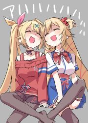 Rule 34 | 2girls, akai haato, akai haato (1st costume), belt, black pantyhose, black thighhighs, blonde hair, blue skirt, breasts, closed eyes, collared shirt, commentary request, crossed legs, dot nose, grey background, h (eitilog), hair ribbon, high-waist skirt, highres, hololive, hoshikawa sara, hoshikawa sara (2nd costume), long hair, long sleeves, medium breasts, miniskirt, multiple girls, neck ribbon, nijisanji, off shoulder, official alternate costume, open mouth, pantyhose, pink ribbon, red belt, red ribbon, red sweater, ribbon, shaded face, shirt, short sleeves, side-by-side, side ponytail, simple background, sitting, skirt, smile, sweater, thighhighs, underbust, very long hair, virtual youtuber, white shirt, yellow ribbon