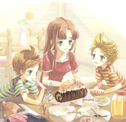 Rule 34 | 1girl, 2boys, age difference, blonde hair, blue eyes, blush, brothers, brown hair, cake, claus (mother 3), cookie, flower, food, gingerbread man, hinawa, honey, lucas (mother 3), mother (game), mother 3, mother and son, multiple boys, nintendo, quiff, shirt, siblings, striped clothes, striped shirt, swiss roll, tonamiko, twins, vase, whisk