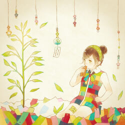 Rule 34 | 1girl, bare legs, brown hair, collared dress, commentary request, dress, falling leaves, green eyes, green hairband, hair bun, hair ornament, hairband, hairclip, hanging light, holding ticket, kameko (turtle-pot), leaf, looking to the side, multicolored clothes, multicolored dress, multicolored ribbon, neck ribbon, original, pencil, pencil behind ear, plant, polka dot, polka dot ribbon, ribbon, short hair, sitting, sleeveless, sleeveless dress, solo, sprout, star (symbol), swept bangs, vignetting, yellow background
