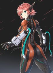 Rule 34 | 1girl, angry, artist name, blue eyes, bodysuit, breasts, cable, claws, clenched teeth, ear ornament, from behind, highres, humanization, looking at viewer, looking back, pink hair, short hair, sideboob, signature, simple background, skin tight, solo, teeth, valkyr (warframe), warframe, zxpfer