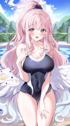 Rule 34 | 1girl, absurdres, bare arms, bare shoulders, black one-piece swimsuit, blue archive, blush, breasts, cleavage, collarbone, covered navel, feathered wings, halo, hand on own thigh, highres, large breasts, long hair, looking at viewer, mika (blue archive), one-piece swimsuit, open mouth, pink hair, pink halo, ponytail, pool, sak (lemondisk), sleeveless, smile, solo, swimsuit, thick thighs, thighs, two-tone swimsuit, wet, wet clothes, white one-piece swimsuit, wings, yellow eyes