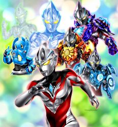 alien armor blue_skin color_timer colored_skin elbow_spikes forehead_jewel galaxy_armor gem glowing glowing_eyes hanejidyna86 highres holding luna_armor mecha multicolored_skin no_humans power_gloves red_skin robot silver_skin solis_armor tokusatsu ultra_series ultraman_arc ultraman_arc_(series) yellow_eyes youpi_(ultraman_arc)