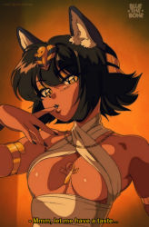 Rule 34 | 1990s (style), 1girl, animal crossing, animal ear fluff, ankh, ankha (animal crossing), armlet, black hair, black nails, bluethebone, bob cut, breasts, cat girl, dark skin, egyptian, english text, finger in own mouth, gradient background, halterneck, highres, humanization, nail polish, nintendo, orange background, personification, photo-referenced, reference work, retro artstyle, short hair, solo, underboob, upper body, uraeus, yellow background, yellow eyes
