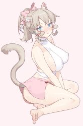 Rule 34 | 1girl, absurdres, animal ears, barefoot, blue eyes, breasts, brown hair, cat ears, cat girl, cat tail, closed mouth, covered erect nipples, deathalice, facial mark, final fantasy, final fantasy xiv, highres, large breasts, looking at viewer, miqo&#039;te, pink background, ponytail, short hair, simple background, sitting, solo, tail, toes, whisker markings