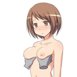 Rule 34 | 1girl, aaaa (quad-a), bad id, bad pixiv id, blush, breasts, brown eyes, brown hair, disembodied hand, grabbing, grabbing another&#039;s breast, medium breasts, navel, nipples, nude, original, short hair, solo focus