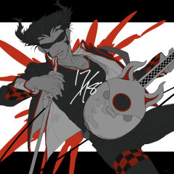 Rule 34 | 1boy, absurdres, black shirt, colored skin, flat color, grey skin, guitar, highres, instrument, jacket, kuwagatatsuya (show by rock!!), letterboxed, male focus, microphone stand, omutsu (shina94), parted lips, pointy hair, shirt, show by rock!!, solo, sunglasses