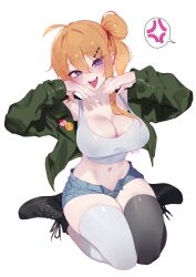Rule 34 | 1girl, absurdres, ahoge, anger vein, asymmetrical legwear, black footwear, black thighhighs, blue eyes, blush, breasts, cleavage, denim, denim shorts, eonsang, full body, girls&#039; frontline, green jacket, hand up, highres, jacket, kalina (girls&#039; frontline), large breasts, long sleeves, looking at viewer, mismatched legwear, navel, open clothes, open jacket, open mouth, orange hair, revision, shorts, simple background, sitting, solo, speech bubble, spoken anger vein, tank top, teeth, thighhighs, tongue, tongue out, upper teeth only, white background, white tank top, white thighhighs