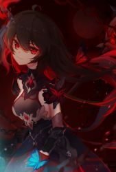Rule 34 | 1girl, absurdres, akashin, blue butterfly, bug, butterfly, closed mouth, gauntlets, gloves, hair ornament, highres, honkai (series), honkai impact 3rd, insect, long hair, looking at viewer, red background, red eyes, red gloves, red hair, seele (alter ego), seele vollerei, seele vollerei (starchasm nyx), smile, solo