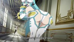 Rule 34 | 1boy, 1girl, android, animated, anime screenshot, ass, ass shake, black hair, blade (eiyuu kyoushitsu), blue eyes, blue hair, eiyuu kyoushitsu, from behind, helmet, highres, huge ass, interior, iona (eiyuu kyoushitsu), leotard, looking at viewer, looking back, mechanical arms, multicolored hair, running, sound, subtitled, tagme, thighhighs, thighs, video, white hair, white leotard, white thighhighs