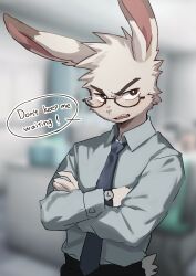 Rule 34 | 1boy, absurdres, animal ears, blurry, blurry background, commentary, crossed arms, english commentary, english text, formal, furry, glasses, highres, long sleeves, male focus, necktie, open mouth, original, rabbit ears, solo, standing, suit, taro bandit, teeth, thick eyebrows, upper body, watch, white hair, wristwatch