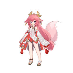 Rule 34 | 1girl, :p, absurdres, aged down, animal ears, anklet, bare legs, blue eyes, child, detached sleeves, earrings, female focus, fox ears, fox tail, full body, genshin impact, highres, jewelry, long hair, looking at viewer, pink hair, purple eyes, sandals, shio (shiofeifei), simple background, solo, standing, tail, tongue, tongue out, white background, yae miko