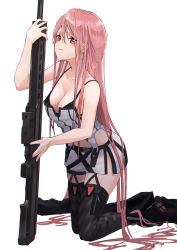 Rule 34 | .50 bmg, 1girl, absurdres, ammunition, anti-materiel cartridge, anti-materiel rifle, barrett m82, black bra, black thighhighs, blush, boots, bra, bra strap, breasts, bullet, cleavage, closed mouth, collarbone, full-power cartridge, girls&#039; frontline, gun, hanabusaraleigh, highres, hmg cartridge, holding, holding weapon, long hair, looking at viewer, m82a1 (girls&#039; frontline), magnum cartridge, match grade, match grade ammunition, match grade firearm, match grade rifle, medium breasts, military cartridge, on floor, pink eyes, pink hair, rifle, rifle cartridge, sniper rifle, solo, supersonic ammunition, thighhighs, underwear, weapon, white background