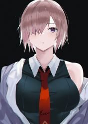 Rule 34 | 1girl, absurdres, black background, black shirt, blush, breasts, commentary request, fate/grand order, fate (series), hair over one eye, highres, jacket, large breasts, light purple hair, looking at viewer, mash kyrielight, necktie, purple eyes, purple hair, red necktie, shirt, short hair, signature, simple background, sleeveless, sleeveless shirt, solo, swept bangs, upper body, white jacket, yougashi