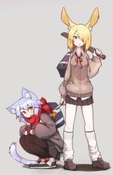 Rule 34 | 2girls, :o, animal ears, bag, bag charm, black skirt, blonde hair, blue hair, brown footwear, brown legwear, cardigan, cat ears, cat tail, cellphone, charm (object), collared shirt, fang, grey background, grey skirt, hair over one eye, highres, holding, holding knife, holding phone, holding weapon, knife, leg warmers, loafers, long sleeves, miniskirt, multiple girls, neck ribbon, one eye covered, open mouth, orange eyes, original, over shoulder, pantyhose, parted lips, phone, pleated skirt, rabbit ears, red eyes, red ribbon, red scarf, ribbon, ryota tentei, scarf, school bag, school uniform, sharp teeth, shirt, shoes, short hair, shoulder bag, simple background, skirt, sleeves past wrists, smartphone, squatting, tail, teeth, tora tentei, weapon, weapon over shoulder, white legwear, white shirt, wing collar