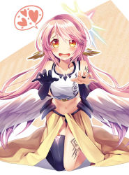 Rule 34 | 10s, 1girl, asymmetric gloves, asymmetrical gloves, asymmetrical legwear, bison cangshu, black gloves, brown eyes, spiked halo, drooling, elbow gloves, gloves, halo, heart, jibril (no game no life), kneeling, long hair, navel, no game no life, pink hair, solo, spoken heart, uneven gloves, uneven legwear, very long hair, white wings, wings