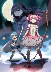 3girls akemi_homura akemi_homura_(magical_girl) black_hair blue_eyes blue_hair bow_(weapon) gecchu kaname_madoka kaname_madoka_(magical_girl) long_hair mahou_shoujo_madoka_magica miki_sayaka miki_sayaka_(magical_girl) multiple_girls open_mouth pink_hair purple_eyes twintails weapon