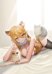 Rule 34 | 1girl, animal ear fluff, animal ears, animal print, ass, bed sheet, bell, black thighhighs, breasts, cat, cat on ass, cleavage, female focus, fur collar, hair between eyes, head rest, highres, kemonomimi mode, large breasts, looking at viewer, lying, nail polish, neck bell, on stomach, parted lips, shibasoda, shokuhou misaki, smile, solo, thighhighs, tiger ears, tiger girl, tiger print, toaru kagaku no railgun, toaru majutsu no index, toaru majutsu no index gaiden: toaru kagaku no mental out, yellow nails