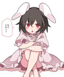 Rule 34 | 1girl, :o, animal ears, barefoot, black hair, blush, commentary request, crossed legs, dress, floppy ears, full body, hair between eyes, hammer (sunset beach), highres, hugging own legs, inaba tewi, looking at viewer, pink dress, rabbit ears, rabbit girl, red eyes, short hair, simple background, sitting, solo, touhou, translated, white background