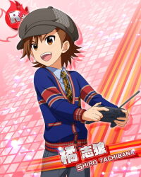 Rule 34 | 1boy, brown eyes, brown hair, buttons, card (medium), character name, child, collared shirt, controller, fingernails, hat, holding, holding controller, idolmaster, idolmaster side-m, long sleeves, male focus, necktie, official art, open mouth, school uniform, shirt, tachibana shiro (idolmaster), teeth, third-party source
