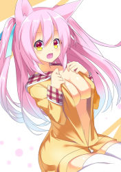 Rule 34 | 1girl, :d, animal ears, bad id, bad pixiv id, borrowed character, breasts, cat ears, cleavage, hair ribbon, large breasts, long hair, looking at viewer, nyori, open mouth, orange eyes, original, pink hair, ribbon, shia flatpaddy, sitting, smile, solo, thighhighs, two side up, white thighhighs, zettai ryouiki