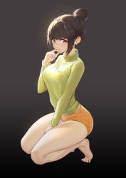Rule 34 | 1girl, absurdres, bare legs, barefoot, between legs, breasts, earrings, finger to mouth, from side, full body, green sweater, hair bun, hand between legs, highres, jewelry, large breasts, light blush, long sleeves, looking at viewer, orange shorts, original, purple eyes, saw272, seiza, short shorts, shorts, sidelocks, simple background, sitting, sweater, thick thighs, thighs, toes, turtleneck, turtleneck sweater