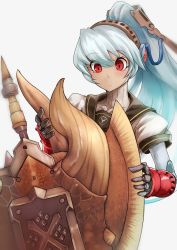 Rule 34 | 1girl, android, blue hair, blush, cable, charge blade, highres, labrys (persona), monster hunter (series), persona, persona 4: the ultimate in mayonaka arena, ponytail, red eyes, school uniform, shield, solo, sowel (sk3), sword, trait connection, weapon