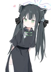 Rule 34 | 1girl, animal ears, black dress, black hair, blue archive, blush, china dress, chinese clothes, dress, green eyes, hair ribbon, halo, heart, highres, long hair, low twintails, ribbon, sanma (tabet ), short sleeves, shun (blue archive), shun (small) (blue archive), side slit, simple background, smile, solo, thighhighs, tiger ears, twintails, white background, white thighhighs