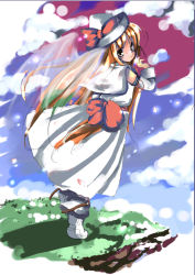Rule 34 | 1girl, blonde hair, bow, brown eyes, capelet, cliff, dress, female focus, grass, hat, hat bow, lily white, long hair, long sleeves, looking at viewer, looking back, outdoors, plant, red bow, see-through, sho (runatic moon), sleeveless, sleeveless dress, smile, solo, standing, touhou, veil, very long hair, white dress, wind