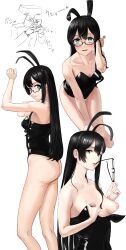 Rule 34 | 1boy, 1girl, absurdres, admiral (kancolle), animal ears, aqua eyes, ass, black-framed eyewear, black hair, black leotard, breasts, closed mouth, collarbone, cropped legs, unworn eyewear, fake animal ears, glasses, highres, holding, holding removed eyewear, kantai collection, leotard, long hair, ooyodo (kancolle), open mouth, rabbit ears, simple background, small breasts, smile, strapless, strapless leotard, t-head admiral, user nrv1436, white background