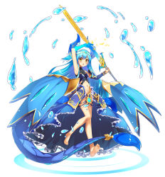 Rule 34 | 1girl, bare legs, bare shoulders, barefoot, blue hair, blush, breasts, brown eyes, chestnut mouth, commentary request, curled horns, detached sleeves, dragon girl, dragon horns, dragon tail, groin, hair between eyes, haru to neru (act partner), highres, holding, holding sword, holding weapon, horns, long hair, long sleeves, medium breasts, navel, original, parted lips, revealing clothes, simple background, single detached sleeve, solo, sword, tail, toenails, very long hair, water, weapon, white background