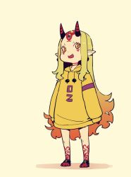 Rule 34 | 1girl, :d, barefoot, blonde hair, chibi, commentary request, facial mark, fate/grand order, fate (series), gradient hair, highres, hood, hood down, hoodie, horns, ibaraki douji (fate), imigimuru, long sleeves, looking at viewer, multicolored hair, open mouth, simple background, sleeves past wrists, slit pupils, smile, solo, tattoo, third eye, yellow background, yellow eyes