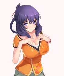 Rule 34 | 1girl, absurdres, animal print, belt, blush, breasts, butterfly print, cleavage, closed mouth, collarbone, commentary, crescent, crescent necklace, eiyuu densetsu, embarrassed, english commentary, falcom, green pants, hair between eyes, hair ribbon, hair rings, hajimari no kiseki, hands on own chest, highres, jacket, jewelry, large breasts, looking at viewer, medium hair, necklace, orange jacket, pants, pink background, purple eyes, purple hair, red ribbon, ribbon, rixia mao, short sleeves, simple background, solo, stormowl0, tareme, twitter username, valentine, white belt, wristband
