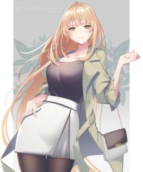 Rule 34 | 1girl, bag, black pantyhose, black shirt, blonde hair, blush, breasts, closed mouth, coat, commission, earrings, green coat, green eyes, grey background, hand on own hip, hand up, handbag, jewelry, long hair, looking at viewer, medium breasts, neko-san (dim.dream), open clothes, open coat, original, pantyhose, shirt, short sleeves, skirt, smile, solo, two-tone background, very long hair, watermark, white background, white skirt