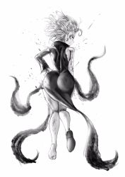Rule 34 | 1girl, ass, aura, back, battle damage, dress, floating, floating clothes, floating hair, glowing, glowing eyes, hand on own hip, highres, huge ass, looking at viewer, looking back, medium hair, narrow waist, one-punch man, shoes, single shoe, solo, tatsumaki, telekinesis, the golden smurf, wide hips