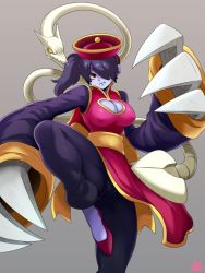 Rule 34 | 1girl, blue hair, blue skin, breasts, cleavage, cleavage cutout, clothing cutout, colored skin, red eyes, skullgirls, solo, squigly (skullgirls), zombie