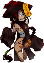Rule 34 | 1girl, bandages, bandages, bandages over eyes, black hair, breasts, china dress, chinese clothes, detached sleeves, dress, futanari, hat, highres, jiangshi, long hair, monster girl, open mouth, original, penis, ponytail, pussy, scar, sharp teeth, simple background, sleeves past wrists, small breasts, solo, stitches, teeth, thigh gap, third-party edit, uchuu ika, uncensored, very long hair, white background, wide sleeves, zombie