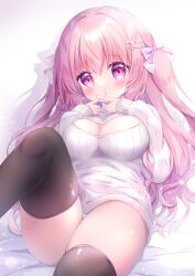 Rule 34 | 1girl, black thighhighs, blush, bow, breasts, chiika (cure cherish), cleavage, cleavage cutout, clothing cutout, dress, hair bow, hair ornament, hairclip, knee up, large breasts, long hair, long sleeves, looking at viewer, meme attire, open-chest sweater, original, panties, parted lips, pink hair, ribbed sweater, shadow, simple background, solo, sweater, sweater dress, thighhighs, thighs, two side up, underwear, white background, white bow, white panties