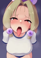 Rule 34 | 1girl, alternate costume, arms behind back, blonde hair, blush, breasts, collarbone, face, from above, full-face blush, furrowed brow, half-closed eyes, highres, large breasts, long hair, looking at viewer, open mouth, oral invitation, pink eyes, puffy short sleeves, puffy sleeves, purple background, shirt, short sleeves, simple background, solo, tamatsukuri misumaru, teeth, tongue, tongue out, touhou, uvula, white shirt, zakku (kya--193)