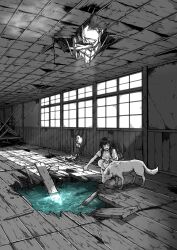 Rule 34 | 1girl, \||/, absurdres, backpack, bag, banken, caustics, commentary request, day, dog, fish, greyscale, highres, hole, hole in ceiling, hole in wall, indoors, light rays, looking at animal, monochrome, original, pointing, ruins, scenery, school, shadow, shirt, short sleeves, shoulder strap, solo, spot color, squatting, sunbeam, sunlight, t-shirt, watch, water, wide shot, wooden floor, wristwatch