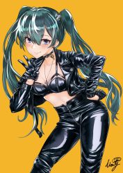 Rule 34 | 1girl, absurdres, black hair, blush, bra, breasts, choker, d.gray-man, gloves, hair between eyes, hand on own hip, high-waist pants, highres, jacket, jewelry, leaning forward, leather, leather gloves, leather jacket, leather pants, lenalee lee, long hair, long sleeves, looking at viewer, midriff, monty1024, navel, necklace, open clothes, open jacket, orange background, pants, simple background, smile, solo, twintails, underwear, v