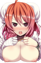 Rule 34 | 1girl, bandages, blush, breasts, breasts out, breasts squeezed together, bun cover, cuffs, double bun, female focus, flower, hair bun, highres, ibaraki kasen, large breasts, looking at viewer, nipples, open clothes, open mouth, open shirt, pink flower, pink hair, pink rose, puffy nipples, purple eyes, rose, shackles, shirt, short hair, solo, touhou, tro (trombe), upper body