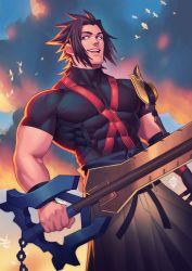 Rule 34 | 1boy, armor, bara, black hair, blue eyes, commentary, covered abs, gloves, highres, holding, kingdom hearts, large pectorals, male focus, mature male, muscular, muscular male, open mouth, pectorals, smile, solo, suspenders, terra (kingdom hearts), weapon, xelgot