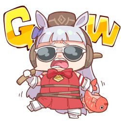 Rule 34 | 1girl, animal, animal ears, blunt bangs, boots, bow, bowtie, chibi, dress, facing viewer, fish, gloves, gold ship (umamusume), grey hair, hair bow, holding, holding animal, holding fish, holding stick, horse ears, horse girl, horse tail, long hair, open mouth, purple bow, red bow, red bowtie, red dress, simple background, solo, standing, standing on one leg, stick, sunglasses, tail, takato kurosuke, tongue, tongue out, umamusume, very long hair, white-framed eyewear, white background, white footwear, white gloves