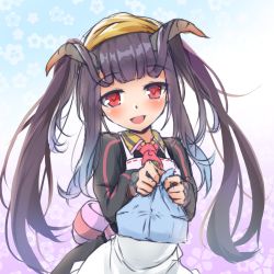Rule 34 | 1girl, apron, bag, black horns, blue archive, collared dress, demon horns, dress, frilled apron, frilled sleeves, frills, fuuka (blue archive), halo, head scarf, highres, horns, looking at viewer, necktie, purple hair, red eyes, rody (hayama yuu), smile